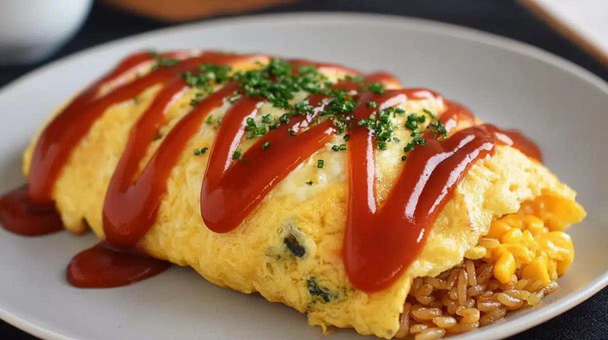 Omurice Japanese omelette rice with fluffy eggs wrapped around ketchup fried rice, topped with ketchup and herbs on a plate.