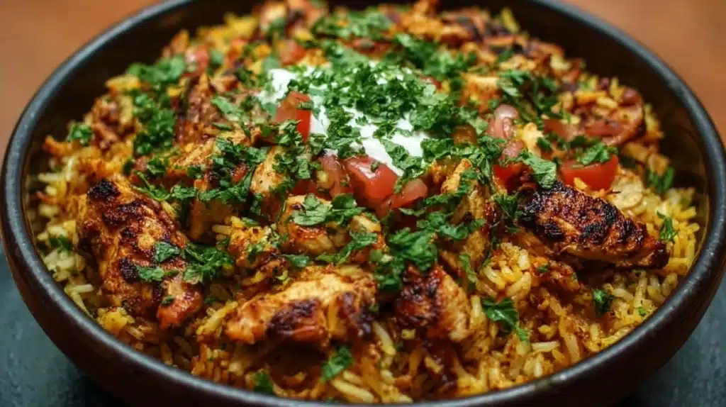 One pot chicken shawarma rice with spiced chicken, fluffy rice, and herbs cooked together in a skillet