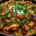 One pot chicken shawarma rice with spiced chicken, fluffy rice, and herbs cooked together in a skillet