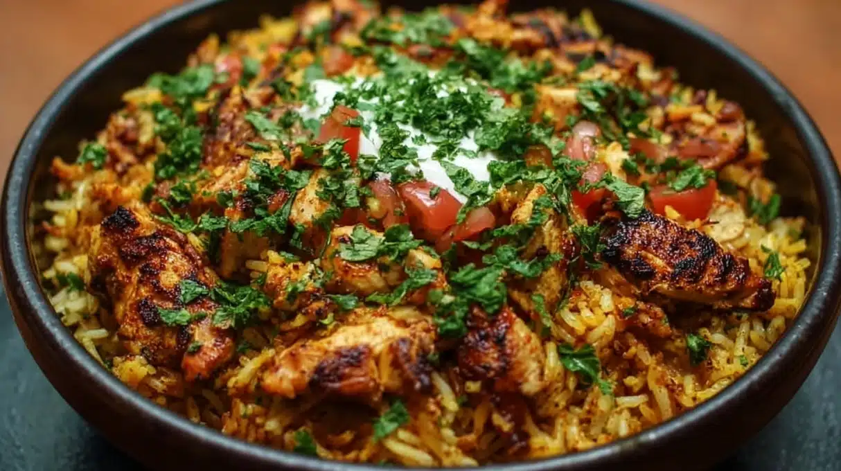 One Pot Chicken Shawarma Rice 4 One pot chicken shawarma rice with spiced chicken, fluffy rice, and herbs cooked together in a skillet