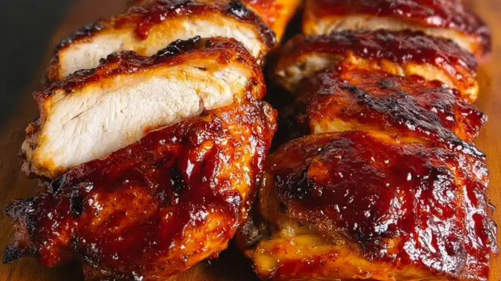 Oven-baked BBQ chicken coated in rich barbecue sauce and roasted until tender and caramelized.