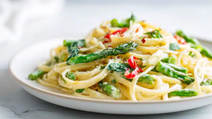 Pasta primavera tossed with colorful vegetables in a light lemon garlic sauce