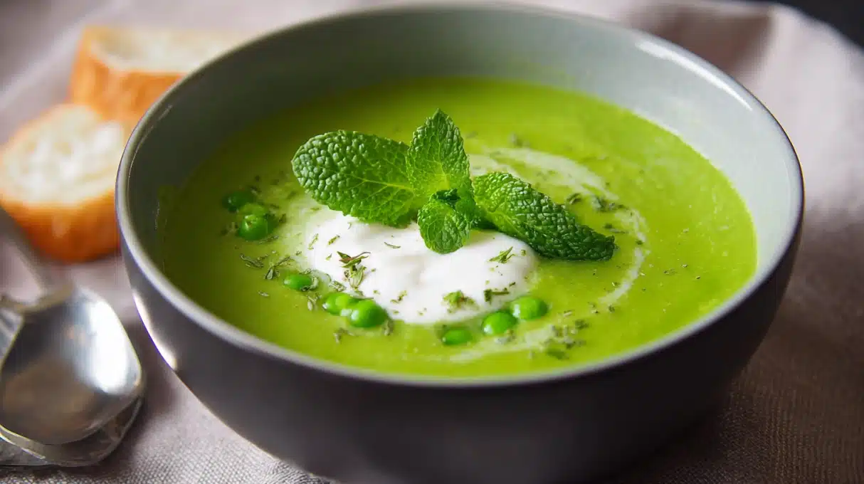 Pea and Mint Soup 4 Creamy pea and mint soup served in a bowl, topped with fresh mint leaves and a drizzle of cream