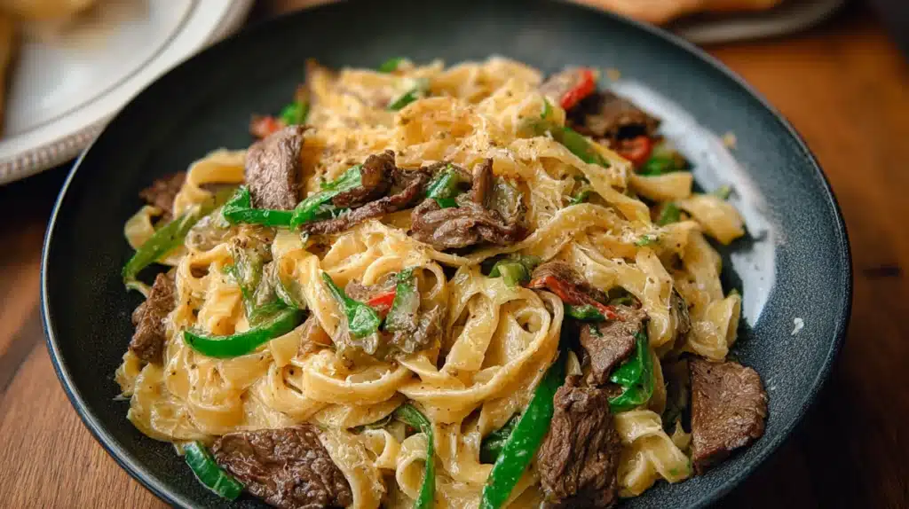 Creamy Philly cheesesteak pasta with tender beef strips, bell peppers, onions, and melted cheese