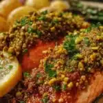 Pistachio crusted salmon topped with chopped pistachios and baked until golden