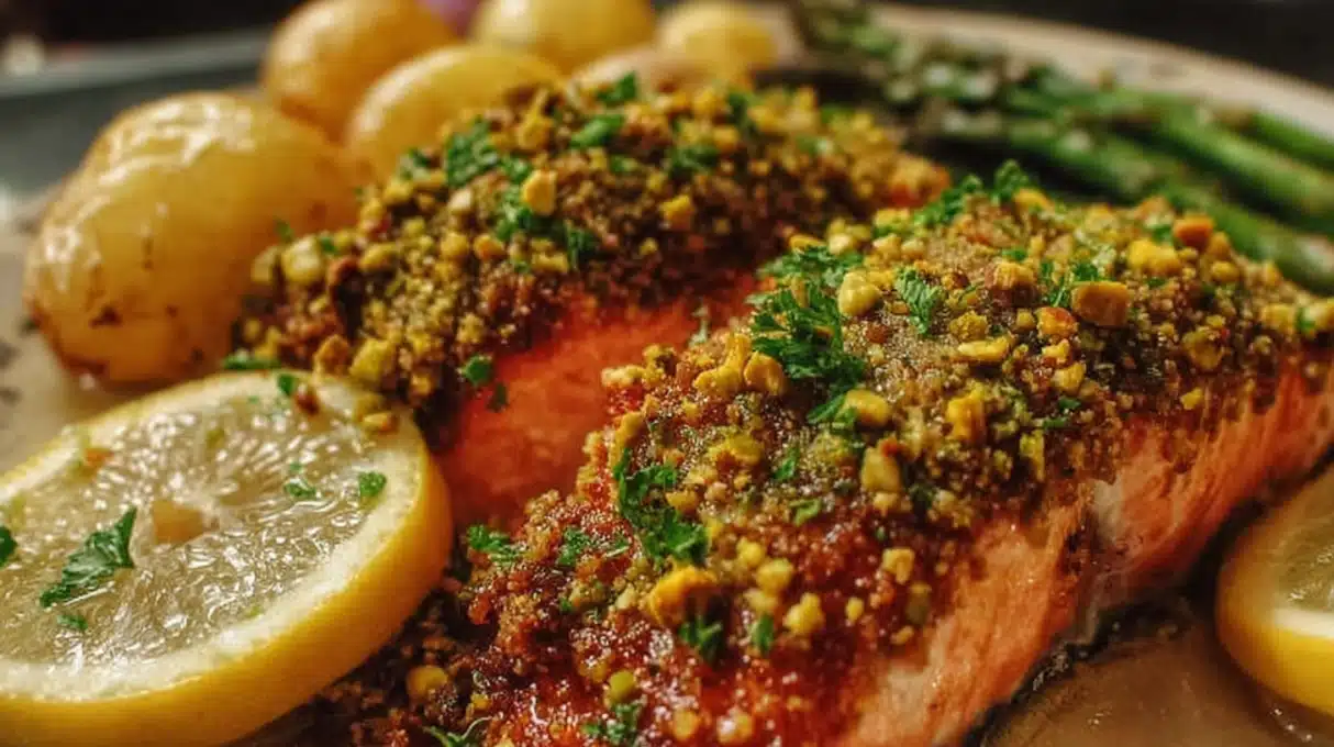 Pistachio Crusted Salmon 4 Pistachio crusted salmon topped with chopped pistachios and baked until golden