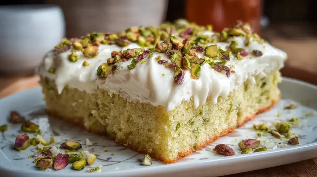 Moist pistachio three leches cake soaked in three milks and topped with whipped cream and crushed pistachios.
