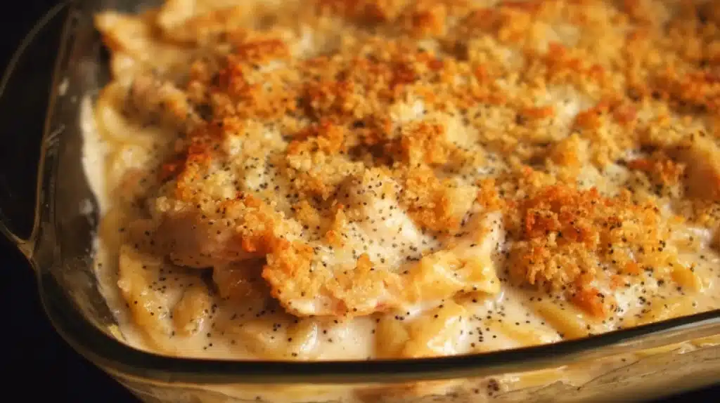 Creamy Poppy Seed Chicken Casserole, baked until golden.