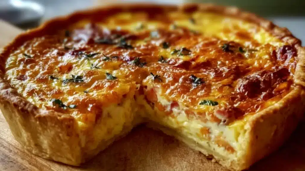 Quiche Lorraine with a golden crust filled with eggs, bacon, and creamy custard