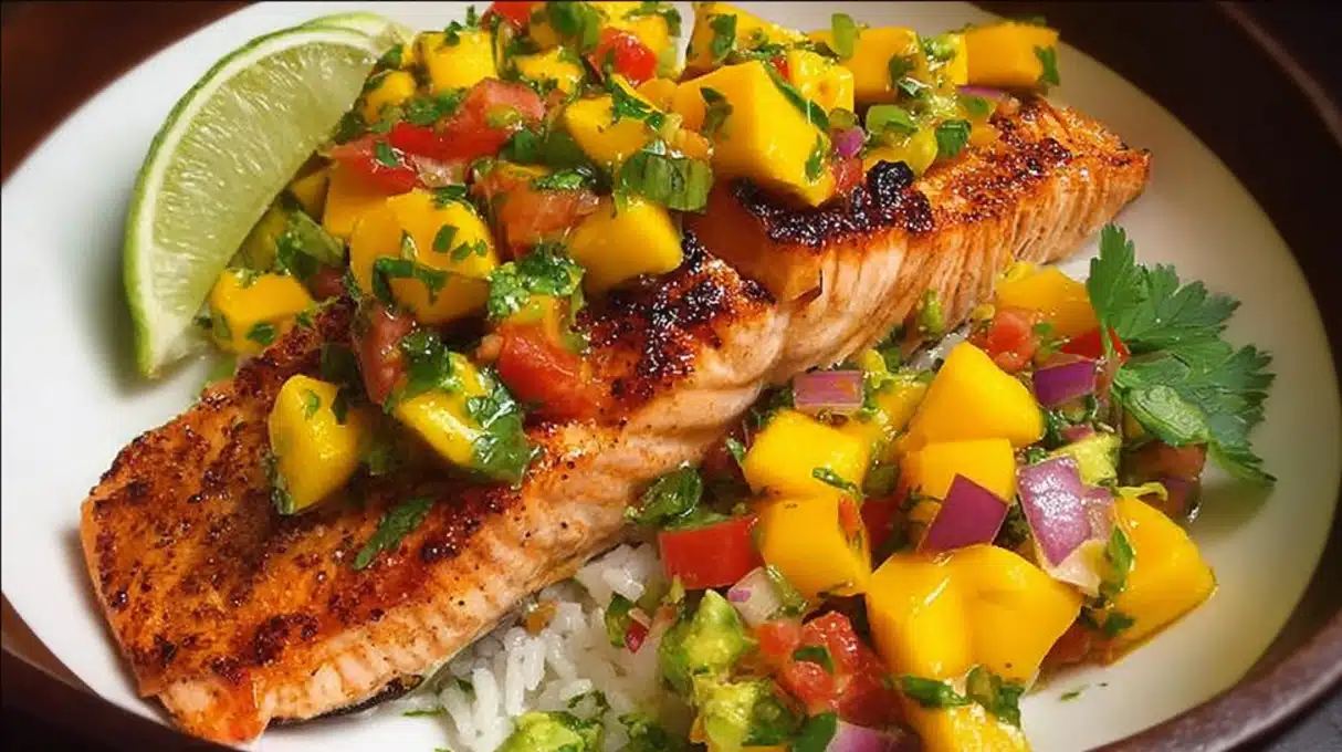 Salmon with Mango Salsa 4 Grilled salmon with mango salsa made with diced mango, lime, and herbs