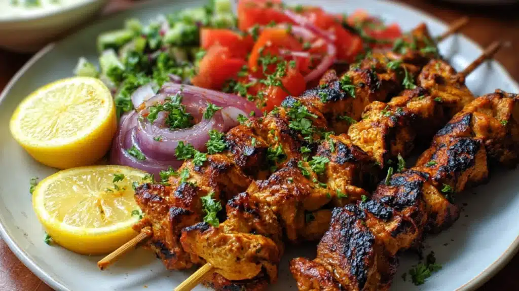 Grilled shish tawook chicken skewers marinated in garlic, lemon, and spices, served with fresh herbs and lemon wedges