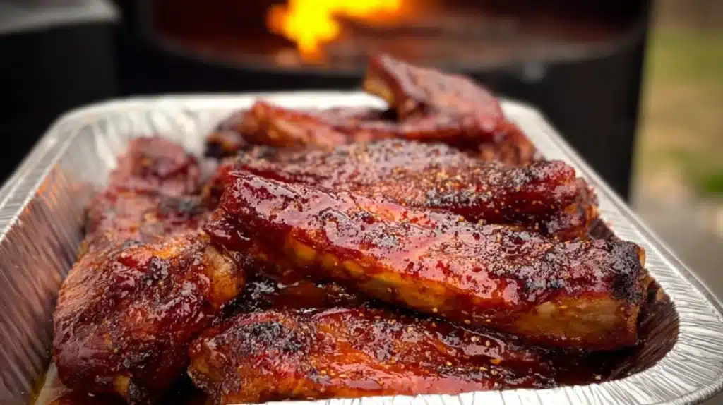 Smoked party ribs glazed with barbecue sauce and cooked until tender and caramelized