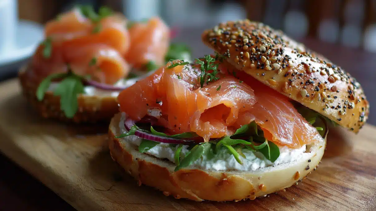 Smoked Salmon Bagel 4 Toasted bagel topped with cream cheese, smoked salmon, sliced red onions, capers, and fresh dill.