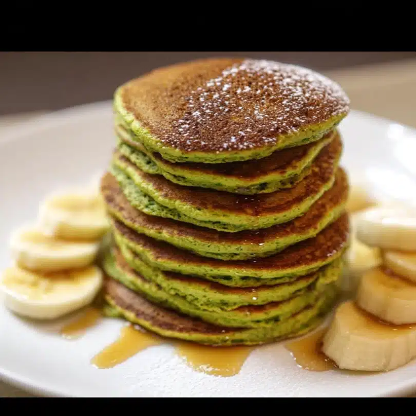Spinach banana pancakes green and fluffy stacked on a plate
