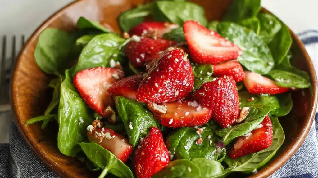Spinach strawberry salad with fresh baby spinach, sliced strawberries, and a light dressing.