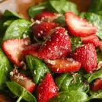 Spinach strawberry salad with fresh baby spinach, sliced strawberries, and a light dressing.