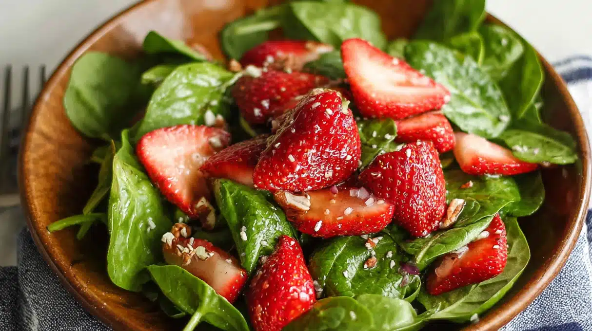 Spinach Strawberry Salad 4 Spinach strawberry salad with fresh baby spinach, sliced strawberries, and a light dressing.