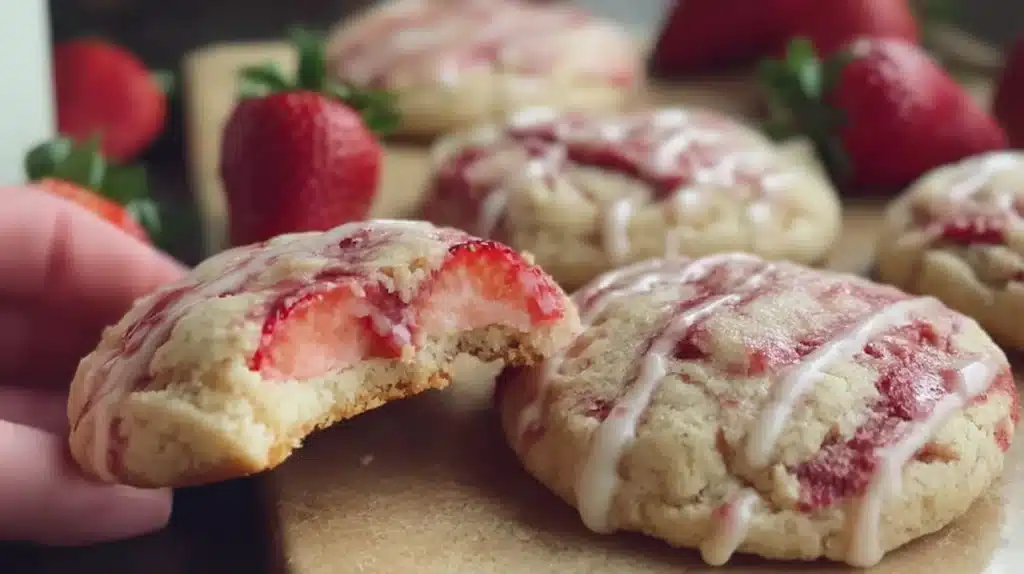 Soft strawberry cheesecake cookies with creamy cheesecake filling, topped with crushed graham crackers and fresh strawberry pieces.
