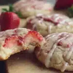 Strawberry Cheesecake Cookies 6 Soft strawberry cheesecake cookies with creamy cheesecake filling, topped with crushed graham crackers and fresh strawberry pieces.
