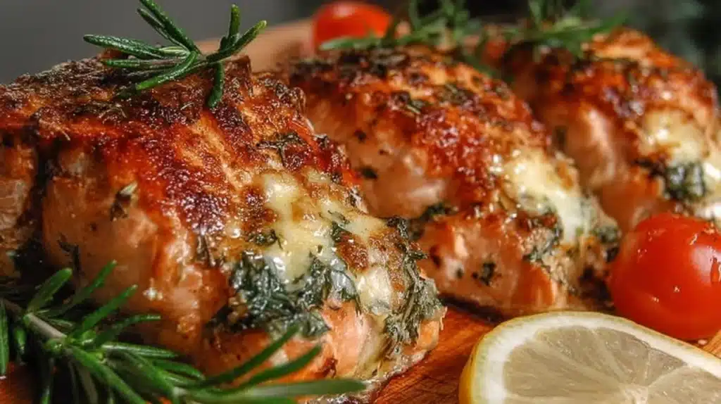 Stuffed salmon fillet filled with creamy spinach and cheese