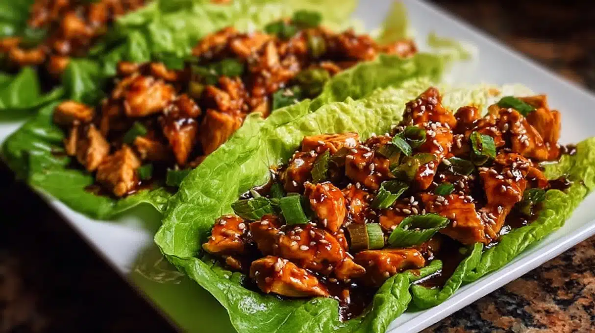 Easy Teriyaki Chicken Lettuce Wraps 4 Teriyaki chicken lettuce wraps filled with juicy glazed chicken, fresh vegetables, and crisp lettuce leaves