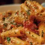 Bowl of tomato garlic pasta tossed in a rich tomato sauce with fresh garlic and herbs