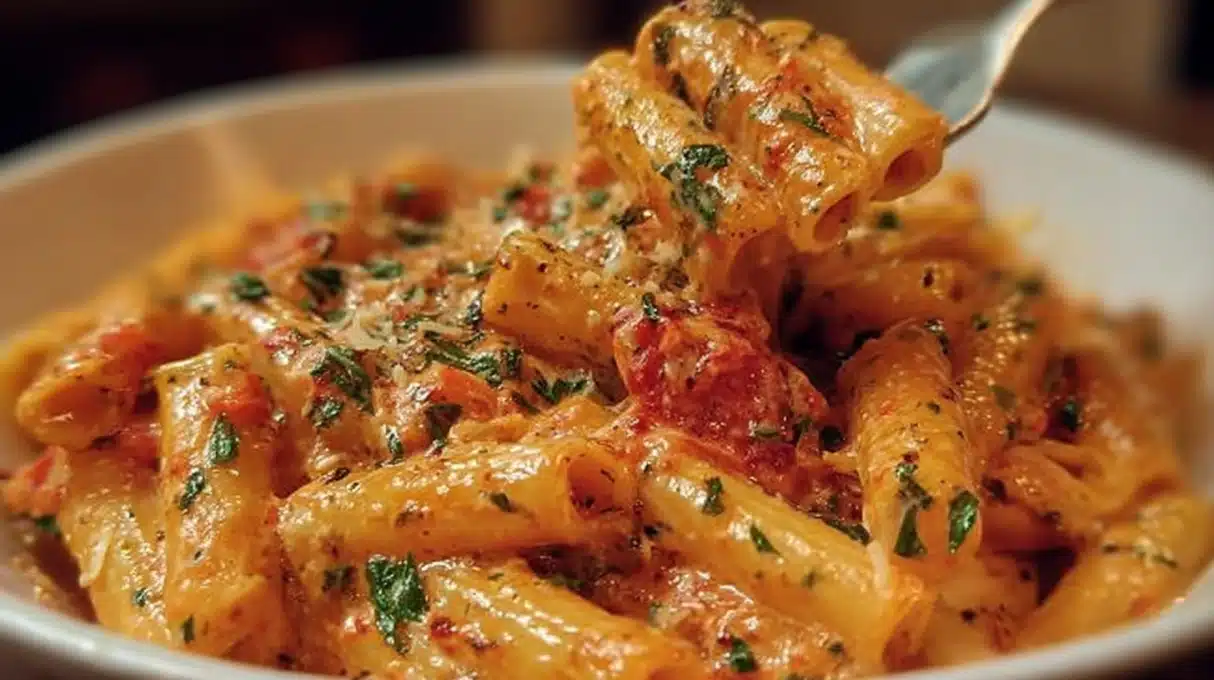 Bowl of tomato garlic pasta tossed in a rich tomato sauce with fresh garlic and herbs