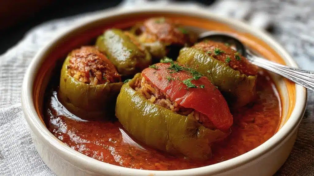Stuffed tomatoes filled with seasoned rice and herbs, cooked in a rich tomato sauce.