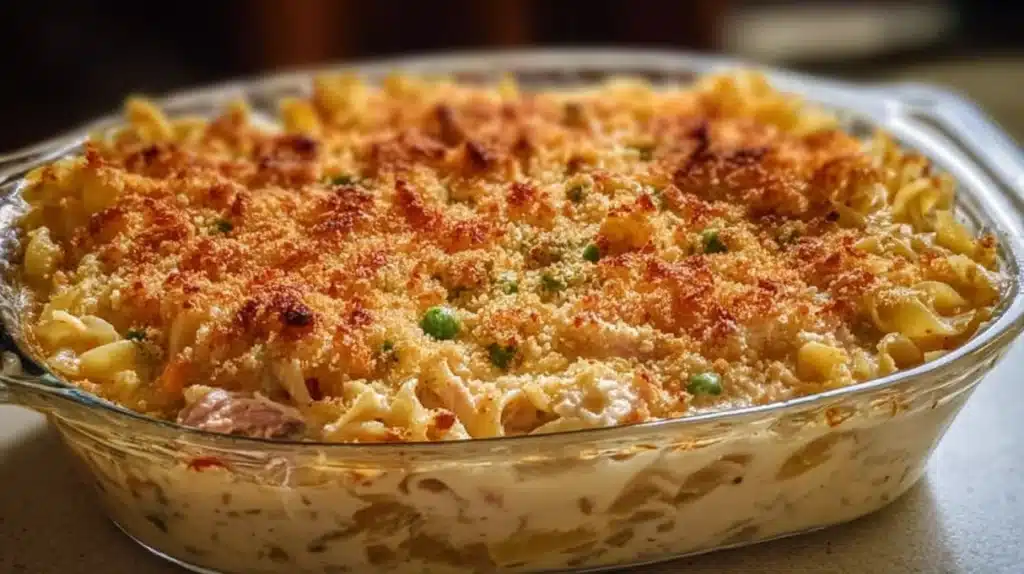 Creamy tuna noodle casserole with egg noodles, peas, and a crispy golden breadcrumb topping.