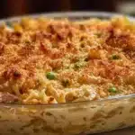 Easy Tuna Noodle Casserole 6 Creamy tuna noodle casserole with egg noodles, peas, and a crispy golden breadcrumb topping.