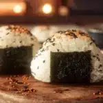 Spicy Tuna Rice Balls 7 Tuna rice balls wrapped in seaweed with seasoned rice and creamy tuna filling, shaped into triangles and served on a plate.