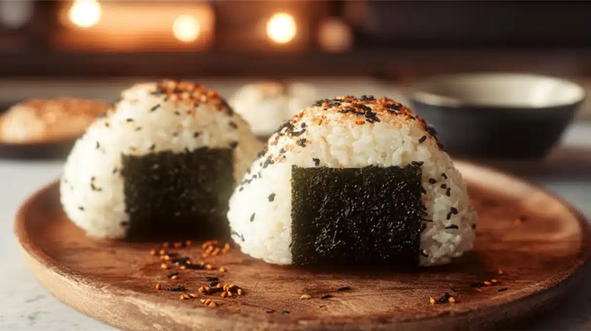 Spicy Tuna Rice Balls 4 Tuna rice balls wrapped in seaweed with seasoned rice and creamy tuna filling, shaped into triangles and served on a plate.