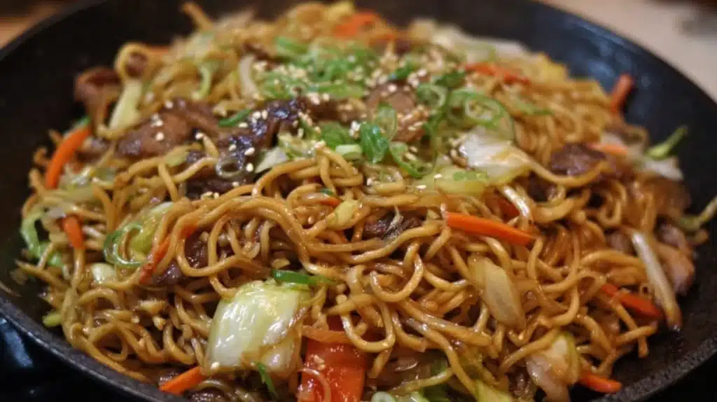 Yakisoba stir-fried noodles with cabbage, carrots, and sliced meat, coated in savory sauce and garnished with green onions.