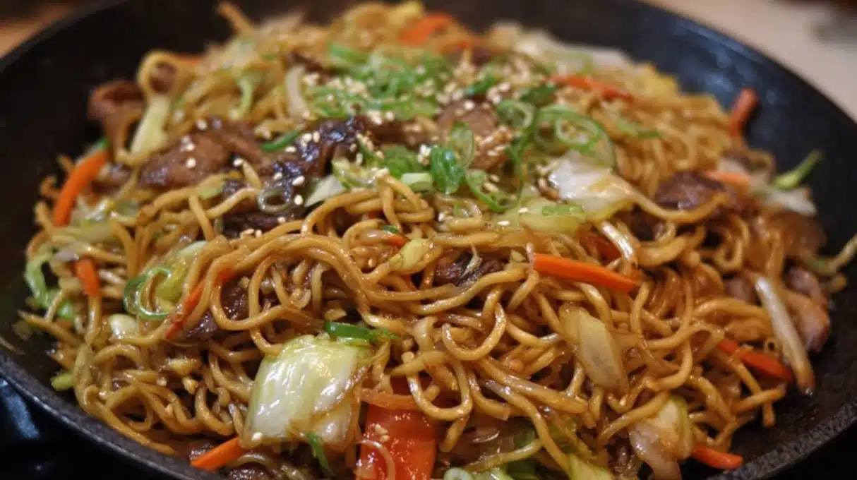 Yakisoba Recipe 4 Yakisoba stir-fried noodles with cabbage, carrots, and sliced meat, coated in savory sauce and garnished with green onions.