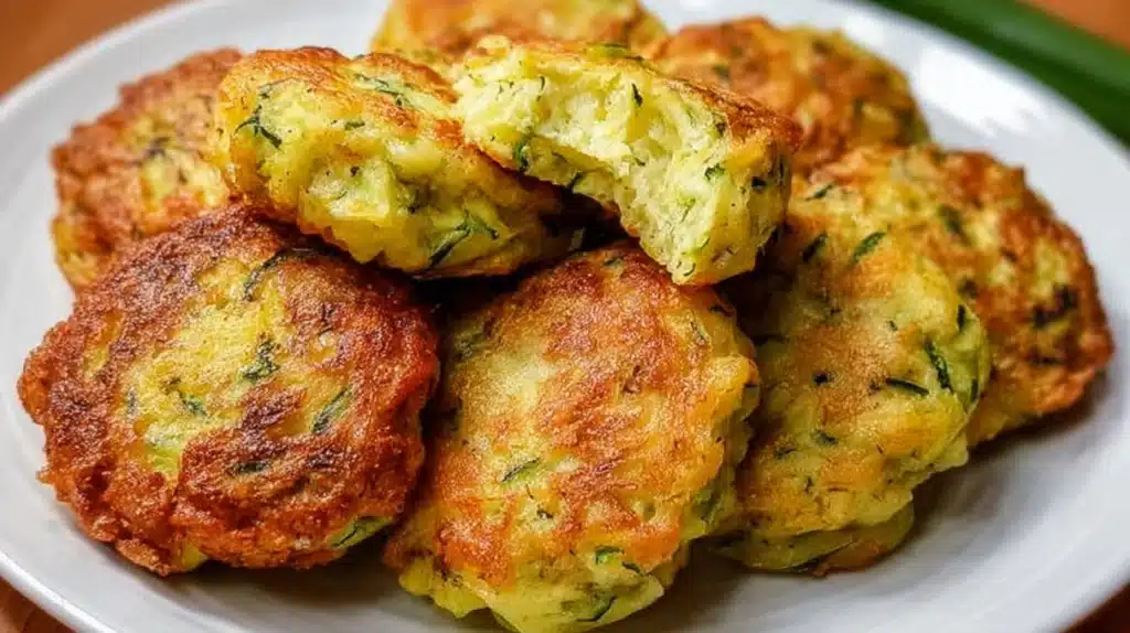 Zucchini fritters golden brown and crispy on a plate with dipping sauce