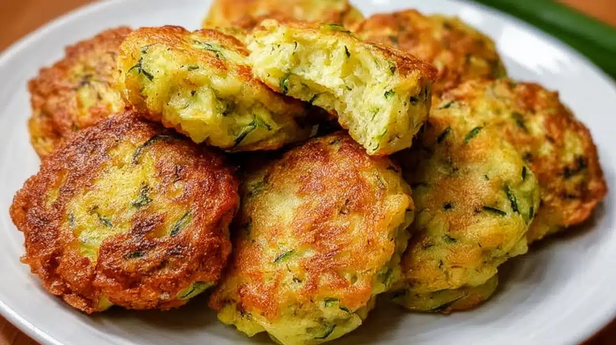 Simple Zucchini Fritters 4 Zucchini fritters golden brown and crispy on a plate with dipping sauce