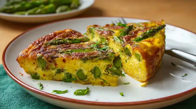 Easy Asparagus Frittata 4 Golden asparagus frittata with tender asparagus pieces and fluffy baked eggs in a skillet