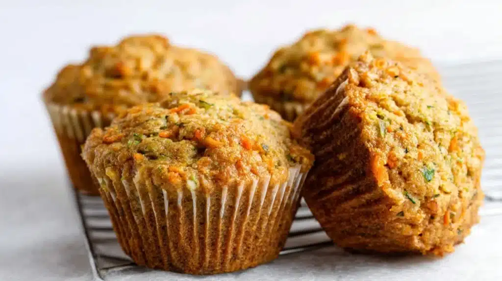 Fluffy whole wheat carrot zucchini muffins on a wooden table