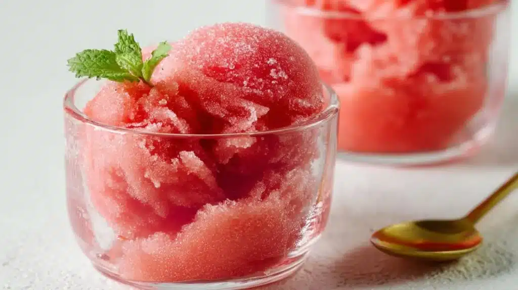 Bowl of quick 2-ingredient watermelon sorbet with fresh watermelon chunks