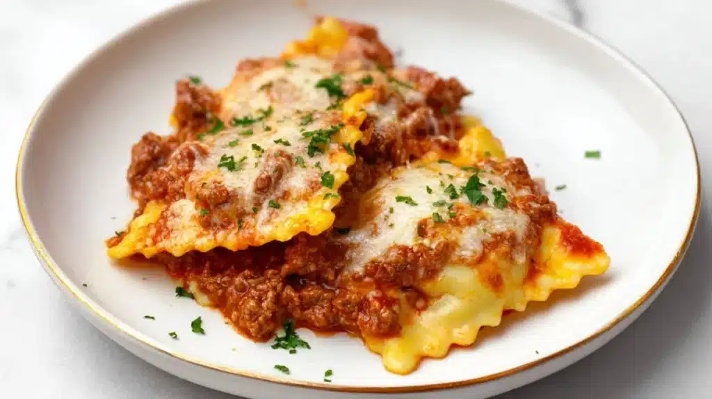 Baked ravioli dish topped with cheese and meat sauce, served in a casserole dish.