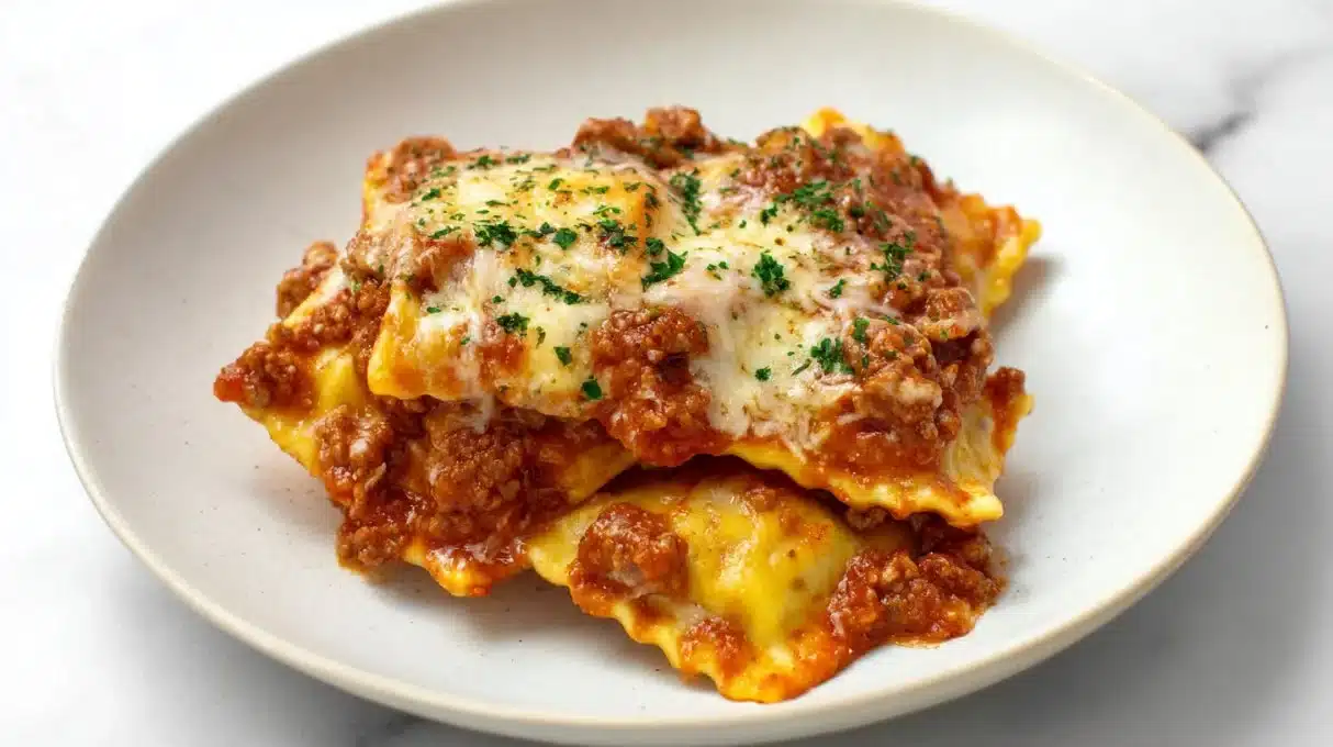 Quick and Easy Baked Cheesy Ravioli and Meat Sauce