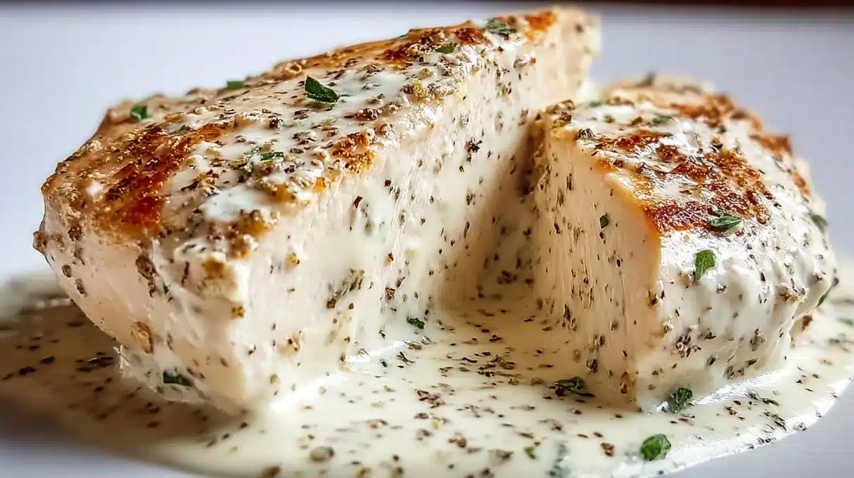 Delicious Boursin cheese chicken served on a plate with fresh herbs