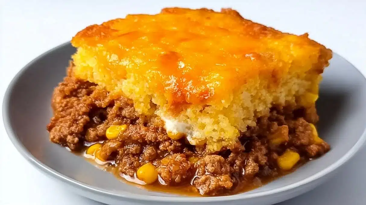 Delicious cornbread cowboy casserole baked with beans, meat, and cheese.