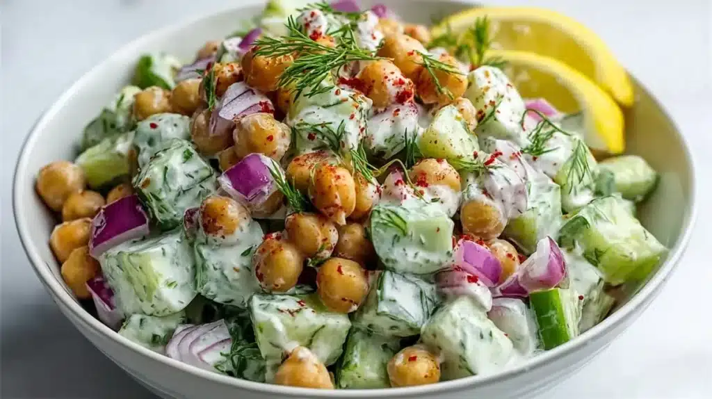 Crispy cucumber chickpea salad with ranch dressing in a bowl