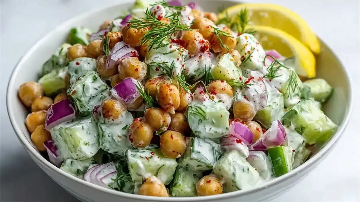 Crispy cucumber chickpea salad with ranch dressing in a bowl