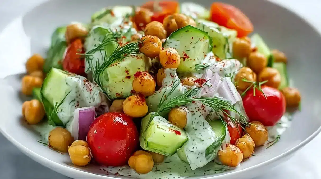 Quick and Easy Crispy Cucumber Chickpea Ranch Salad
