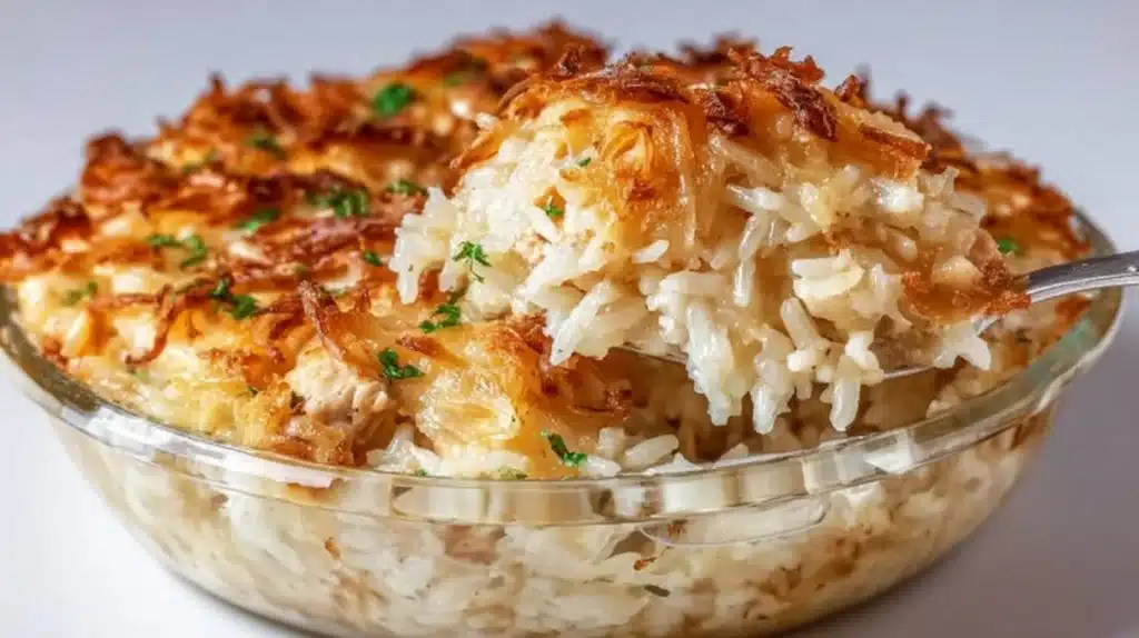 Delicious French onion chicken rice casserole topped with melted cheese