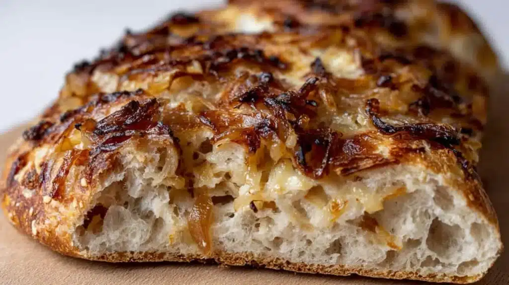 Freshly baked French onion sourdough bread with melted cheese