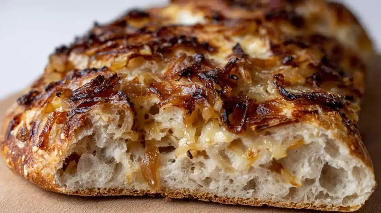 Freshly baked French onion sourdough bread with melted cheese
