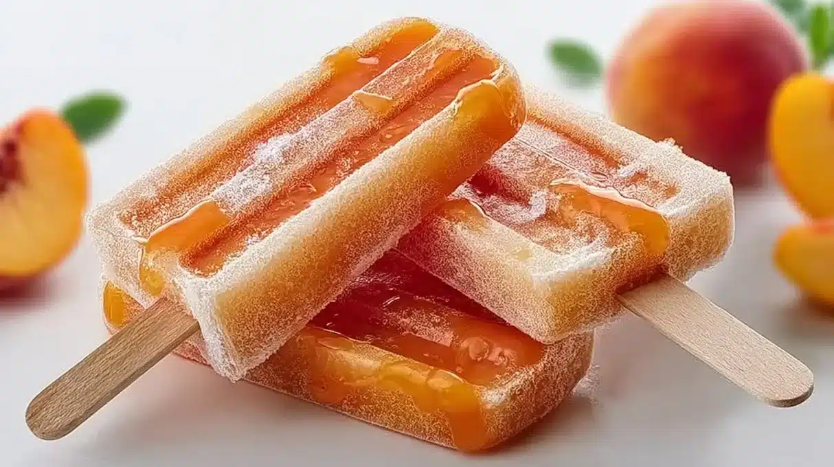 Homemade quick and easy frozen yogurt peach ring pops served on sticks